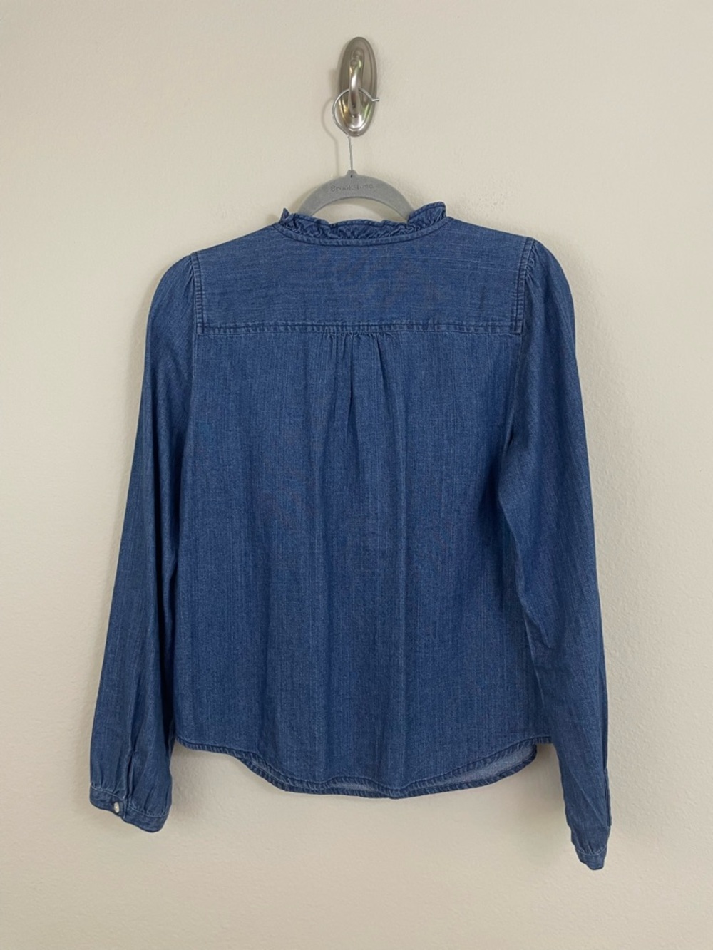 J. Crew Denim Ruffle Bib Popover Long Sleeves Top Preppy Size Small - Picture 7 of 9